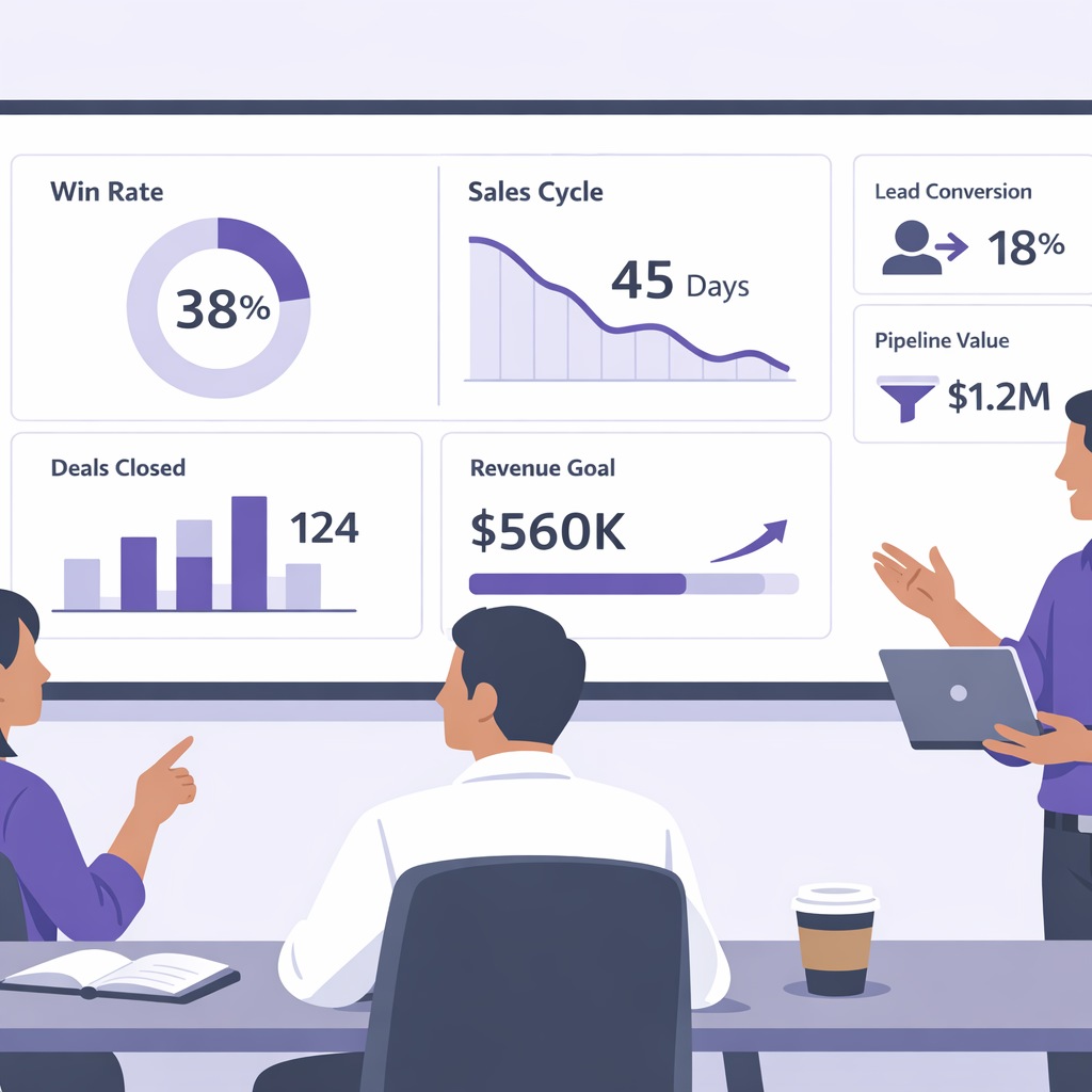 B2B SaaS Sales Team Analyzing Dashboard with Purple Accents